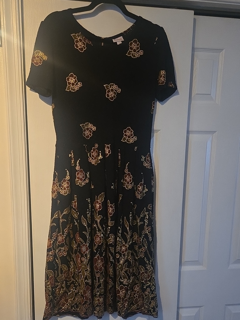 LuLaRoe Black Floral Midi Dress with Gold and Pink Accents